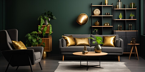Green room interior with green velour sofa wood floor carpet and decor 