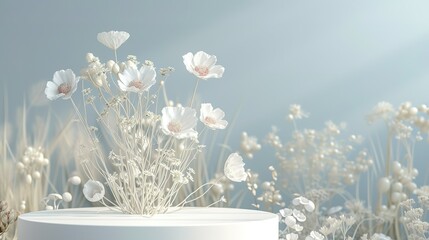 Podium flower product white 3d spring table beauty stand display nature white. Garden floral background cosmetic field scene gift day
