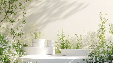 Podium flower product white 3d spring table beauty stand display nature white. Garden floral background cosmetic field scene gift day