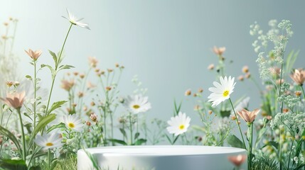 Podium flower product white 3d spring table beauty stand display nature white. Garden floral background cosmetic field scene gift day