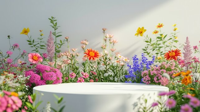 Podium flower product white 3d spring table beauty stand display nature white. Garden floral background cosmetic field scene gift day