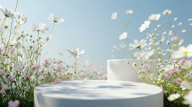 Podium flower product white 3d spring table beauty stand display nature white. Garden floral background cosmetic field scene gift day