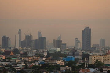 Naklejka premium Aerial view of Bangkok Downtown Skyline, Thailand. Financial district and business centers in smart urban city in Asia. Skyscraper and high-rise buildings.