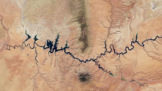 Aerial time lapse of Lake Powell drying up during drought due to climate change (Elements Furnished by NASA)