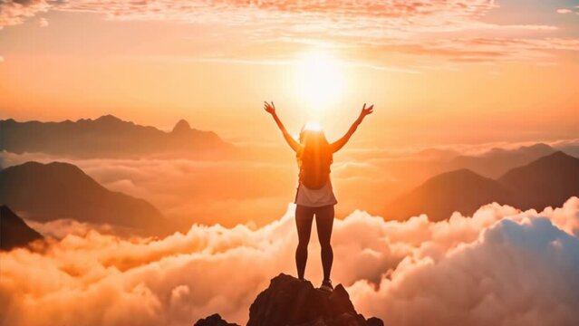 Successful women have attained peaks of personal growth and development. Woman on top of the mountain with arms open to a welcoming new day with sunrise success in business leadership winner on top,Ge