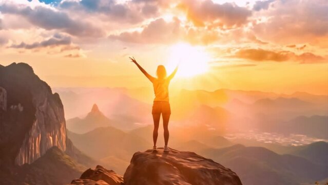 Successful women have attained peaks of personal growth and development. Woman on top of the mountain with arms open to a welcoming new day with sunrise success in business leadership winner on top,Ge