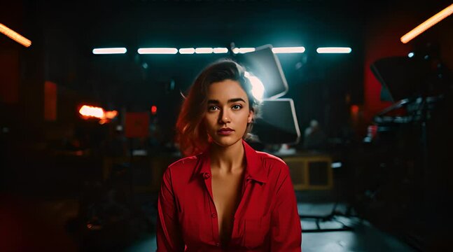 a woman in a red shirt standing in front of a camera