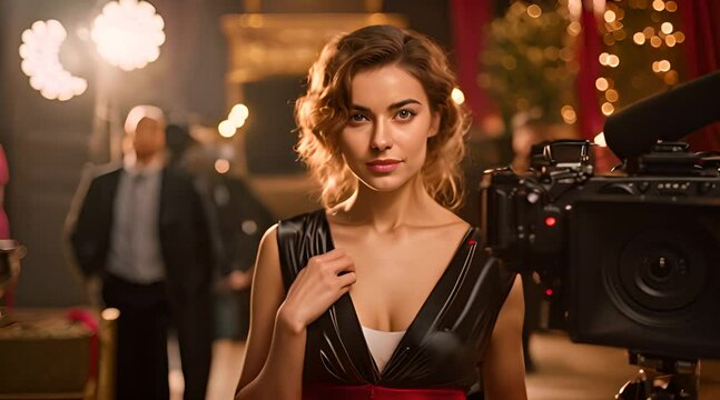 a woman in a black dress holding a camera