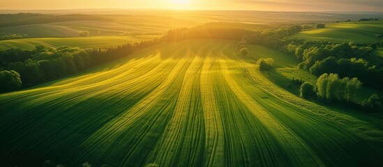 Breathtaking Aerial View of Fields During an Enchanting Sunset: Aerial View Presents Fields in a Mesmerizing Display During the Golden Hour