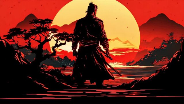 a terrifying Ronin standing in the forest at night. Black silhouette of Japanese samurai warrior against forest at night