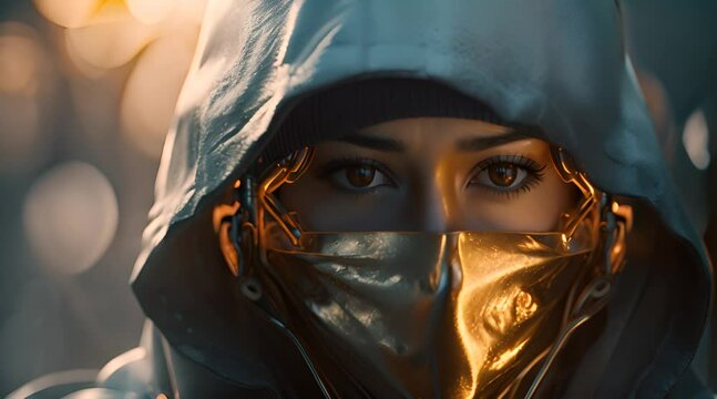 a woman wearing a hood and a face mask
