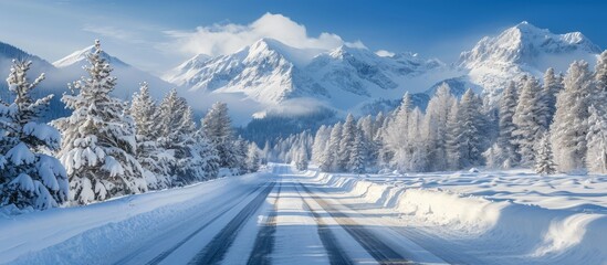 Mesmerizing Winter Wonderland: View of Snowy Mountains and Serene Road