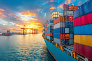 Fototapeta premium Aerial view of cargo carrying full container for logistic transportation, large ship in ocean freight shipping, and business commerce maritime.&nbsp;