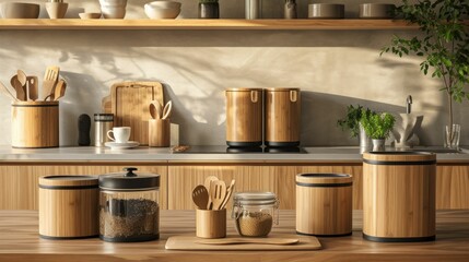 A modern kitchen with bamboo utensils, recycled glass containers, and a compost bin on the counter