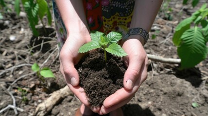 hands holding soil and a young plant, with a backdrop of a successfully rehabilitated area once endangered, now thriving