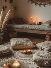 Fototapeta na wymiar Calming Comfort: Cultivating Mindfulness with Cushions, Candles, and Incense
