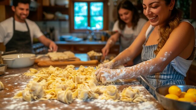 hands-on cooking class moment, with participants learning to make pasta from scratch on a marble countertop