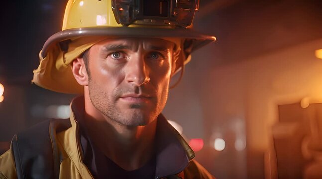 a man in a fireman's helmet looks off into the distance