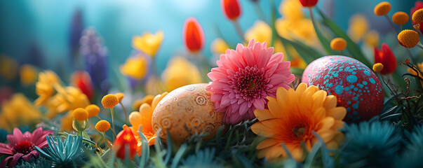 Fototapeta na wymiar A variety of vibrant flowers spread out on the grass, creating a striking and colorful arrangement. Easter Holiday Nature Grass And Flowers With Easter Eggs Banner