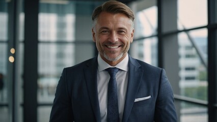 Fototapeta premium Portrait of successful senior businessman headshot of executive consultant looking at camera smiling inside modern office building generative ai