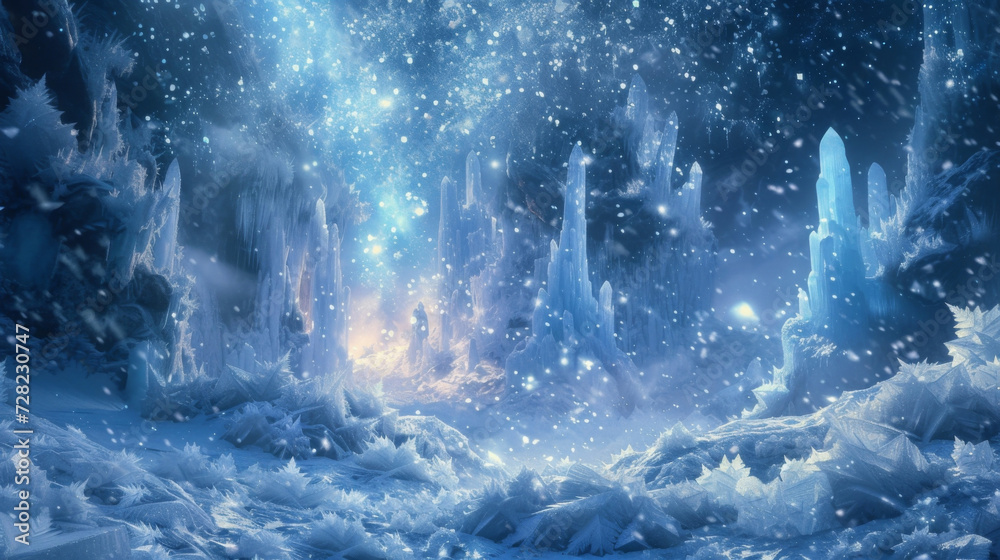 Poster a world of pure enchantment where ice crystals dance in an ethereal symphony and transform the lands