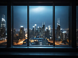Modern Cityscape View from a High-Rise Building: Urban Night Skyline through Large Windows