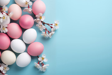 Top view colorful easter egg with cherry blossom on blue background, copy space, generative Al.