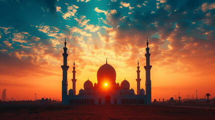 Silhouette of majestic mosque with beautiful sunset. Portrait of holy place for muslim worship praying at the afternoon sunlight before sunset. Generative AI - obrazy, fototapety, plakaty