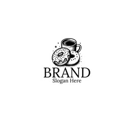 donut and coffee logo template vintage hand drawn vector - obrazy, fototapety, plakaty