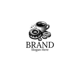 donut and coffee logo template vintage hand drawn vector