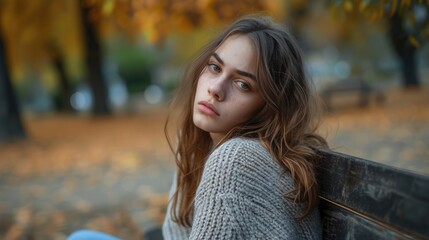 A girl in her early 20s sitting on a park bench looking disoriented and tired as she struggles with her sleep disorder during the day.