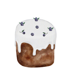 Easter kulich watercolor hand illustration isolated on white background. Elegant traditional yeast pastry for the bright holiday of the Resurrection of Christ. Retro cupcake decorated with white