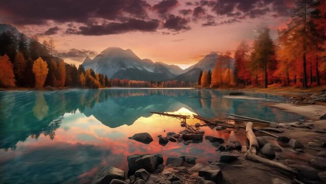 fantastic autumn sunset of a lake .  beautiful nature scene. seamless looping overlay 4k virtual video animation background 