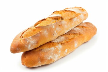 Two freshly baked baguettes isolated on white background