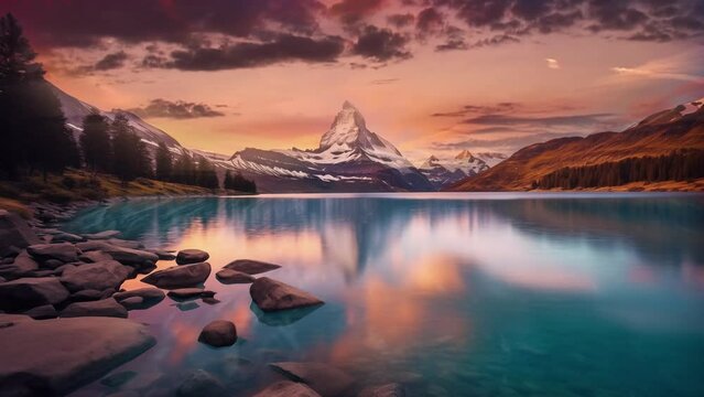 beautiful sunset on a lake with reflection. amazing nature scenery background.  seamless looping overlay 4k virtual video animation background 