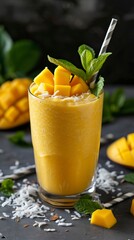 Mango and Coconut Smoothie, Black Surface Table, minimalistic decor 