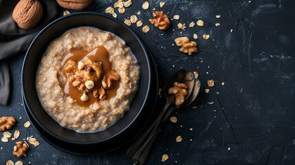 Oatmeal with Nut Butter, Black Surface Table, minimalistic decor 