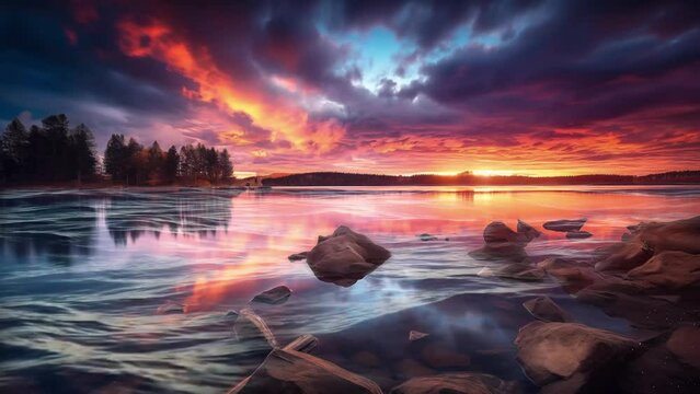 beautiful sunset moment. magnificent long exposure lake sunset. seamless looping overlay 4k virtual video animation background 