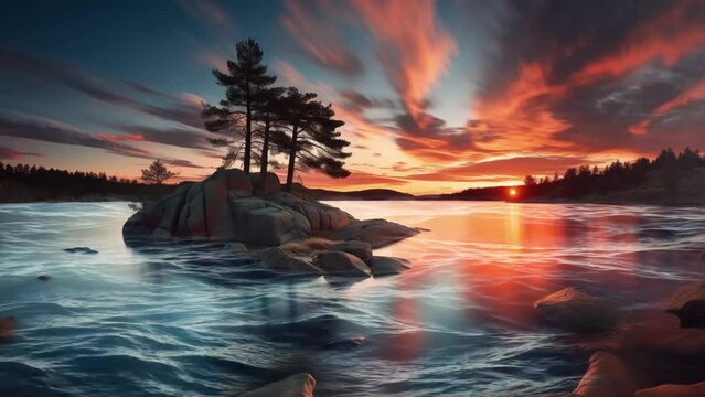 beautiful nature scene with amazing sunset reflection. dramatic sky view. sunset over the lake. seamless looping overlay 4k virtual video animation background 