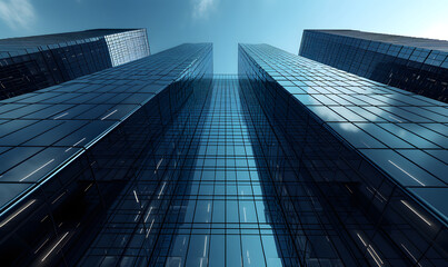 Business office towers rise against a bright blue sky, creating dynamic landscapes with detailed architecture. The skyscrapers reflect the sky, adding depth to the scene when viewed from a low angle.