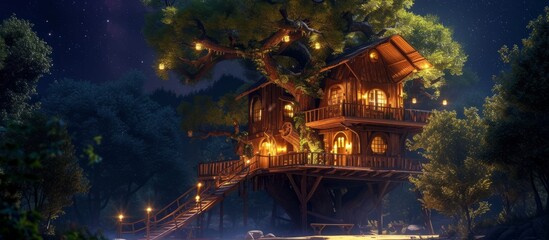 Night View of a Majestic Big Wooden Tree House in Sur