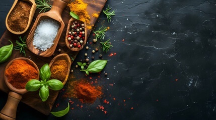 Various spices and herbs in wooden spoons on a black background. - obrazy, fototapety, plakaty