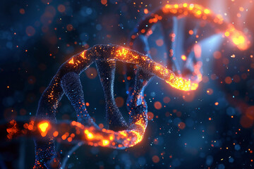 A digital artwork portraying a luminous DNA double helix with fiery nodes set against a deep blue backdrop.