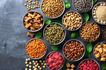 A variety of nutritious pet foods and treats arranged aesthetically, highlighting the importance of pet nutrition and wellness