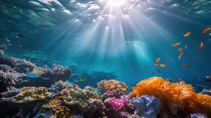 Obraz na płótnie Canvas An underwater coral reef scene, diverse marine life, vivid colors, showcasing the beauty and diversity of ocean life. Underwater photography, coral reef ecosystem, diverse marine life,. Resplendent.