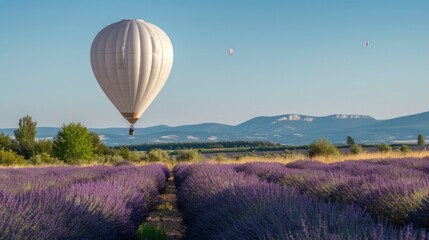 White hot air balloon floating over the famous lavender fields of Provence, France, juxtaposing dreamy lightness with the vibrant beauty of the earth