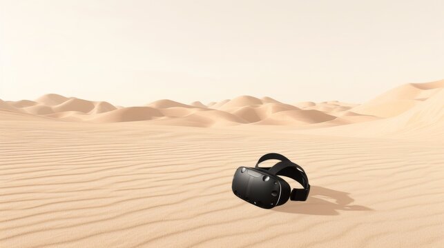 Virtual reality headset on the uniform sand of the desert, a minimalist landscape highlighting the disconnection from reality amidst endless sands