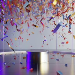 Modern chrome podium surrounded by floating balloons and falling confetti, perfect for a festive product showcase or celebratory event