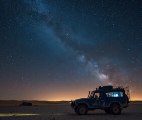 Fototapeta na wymiar Starry night sky over a desert camp with off-road vehicle, the ultimate getaway into the cosmos