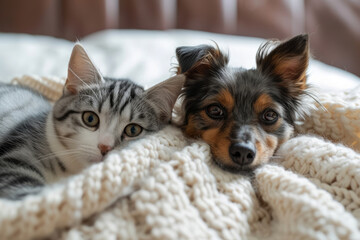 A fluffy dog and two adorable cats share a snuggle on a couch, wrapped in a soft, warm blanket.